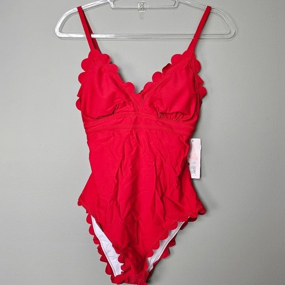 Women High Cut One Piece Swimsuit Scalloped Padded Swimwear Backless Bathingsuit